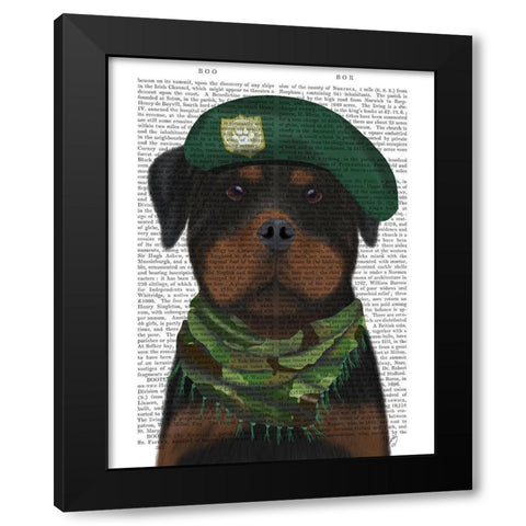 Rottweiler Military Dog Black Modern Wood Framed Art Print by Fab Funky