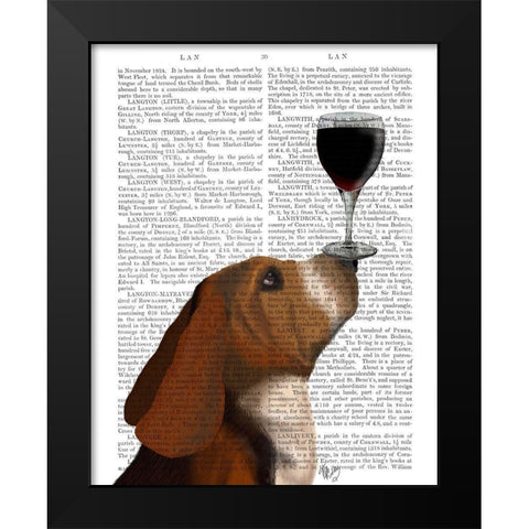 Dog Au Vin, Basset Hound Black Modern Wood Framed Art Print by Fab Funky