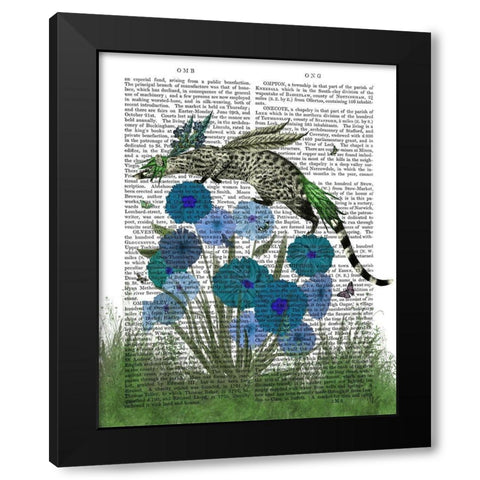 Genet On Blue Flowers Black Modern Wood Framed Art Print by Fab Funky