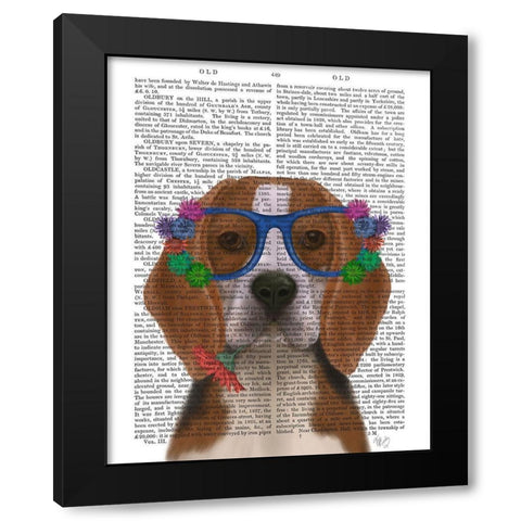 Beagle and Flower Glasses  Black Modern Wood Framed Art Print with Double Matting by Fab Funky
