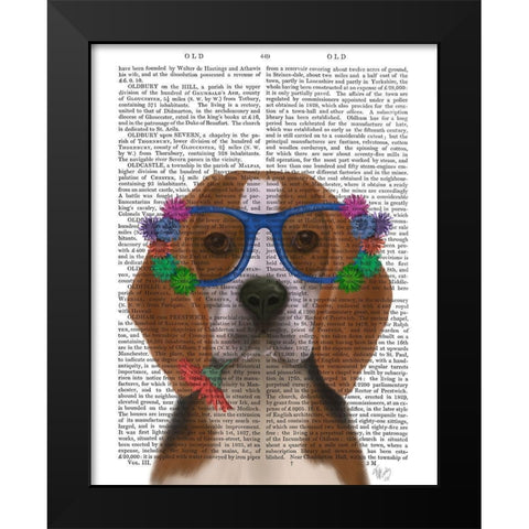 Beagle and Flower Glasses  Black Modern Wood Framed Art Print by Fab Funky