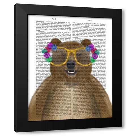 Bear and Flower Glasses Black Modern Wood Framed Art Print with Double Matting by Fab Funky