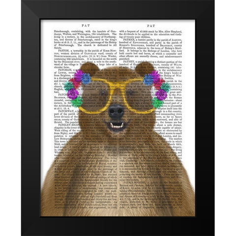 Bear and Flower Glasses Black Modern Wood Framed Art Print by Fab Funky