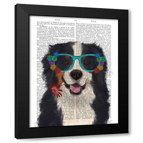 Bernese and Flower Glasses  Black Modern Wood Framed Art Print with Double Matting by Fab Funky