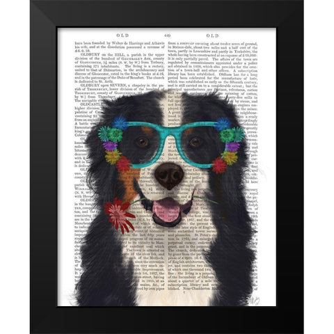 Bernese and Flower Glasses  Black Modern Wood Framed Art Print by Fab Funky