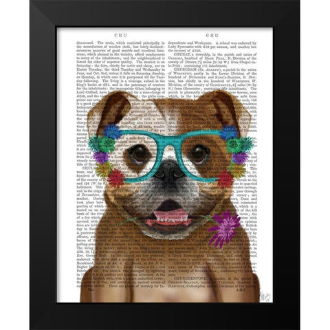 English Bulldog and Flower Glasses Black Modern Wood Framed Art Print by Fab Funky