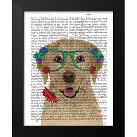 Yellow Labrador and Flower Glasses Black Modern Wood Framed Art Print by Fab Funky