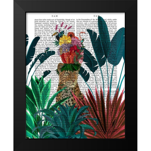 Leopard with Headdress Black Modern Wood Framed Art Print by Fab Funky