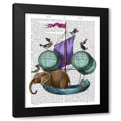 Elephant in Airship Black Modern Wood Framed Art Print with Double Matting by Fab Funky