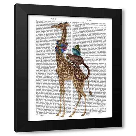 Giraffe and Monkey Black Modern Wood Framed Art Print with Double Matting by Fab Funky
