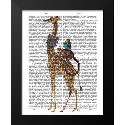 Giraffe and Monkey Black Modern Wood Framed Art Print by Fab Funky