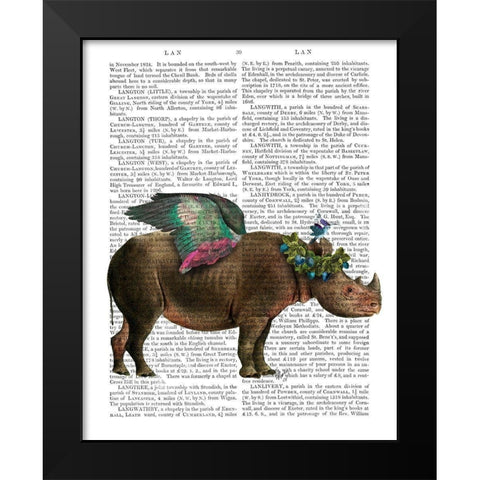 Rhino with Strawberry Crown Black Modern Wood Framed Art Print by Fab Funky