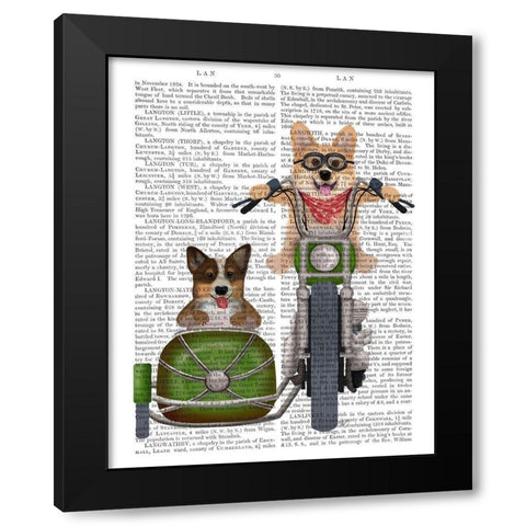 Corgi Chopper and Sidecar Black Modern Wood Framed Art Print with Double Matting by Fab Funky
