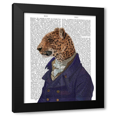Leopard in Blue Jacket Black Modern Wood Framed Art Print with Double Matting by Fab Funky