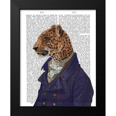 Leopard in Blue Jacket Black Modern Wood Framed Art Print by Fab Funky