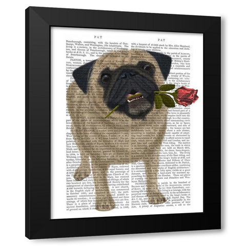 Pug and Rose Black Modern Wood Framed Art Print with Double Matting by Fab Funky