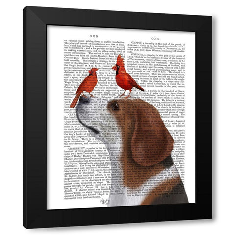Beagle and Red Cardinals Black Modern Wood Framed Art Print by Fab Funky