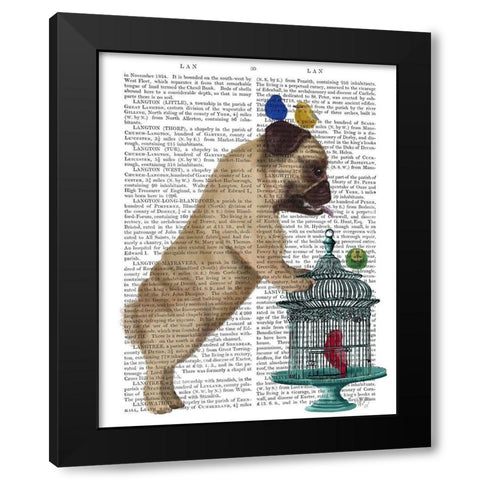 Pug and Birdcage Black Modern Wood Framed Art Print by Fab Funky