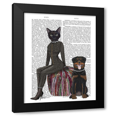 Black Cat and Rottweiler Book Print Black Modern Wood Framed Art Print by Fab Funky
