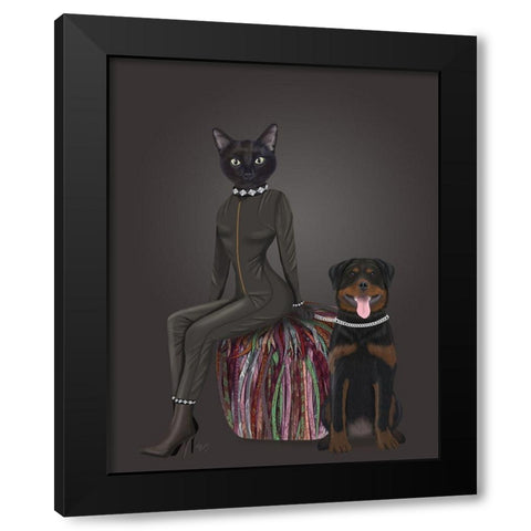 Black Cat and Rottweiler Black Modern Wood Framed Art Print by Fab Funky