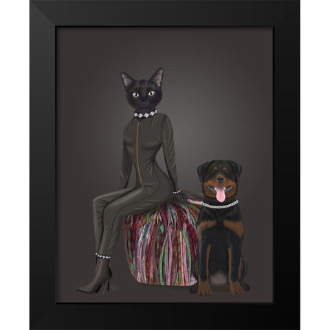 Black Cat and Rottweiler Black Modern Wood Framed Art Print by Fab Funky