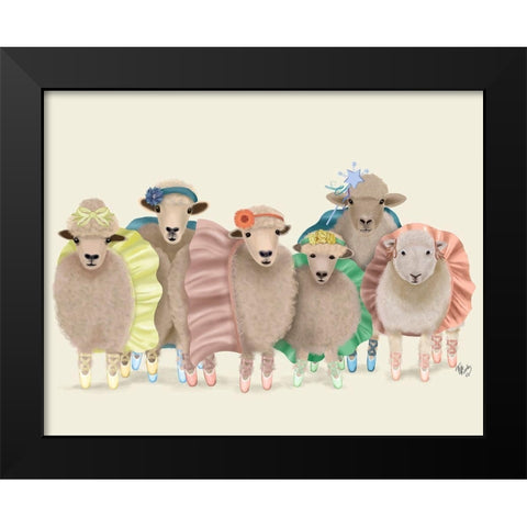Ballet Troupe Sheep Black Modern Wood Framed Art Print by Fab Funky