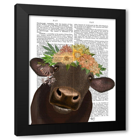 Cow with Flower Crown 1 Book Print Black Modern Wood Framed Art Print by Fab Funky