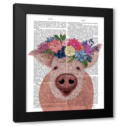 Pig and Flower Crown Book Print Black Modern Wood Framed Art Print by Fab Funky