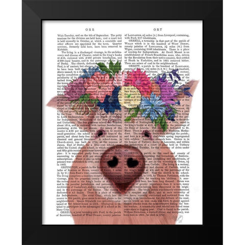Pig and Flower Crown Book Print Black Modern Wood Framed Art Print by Fab Funky
