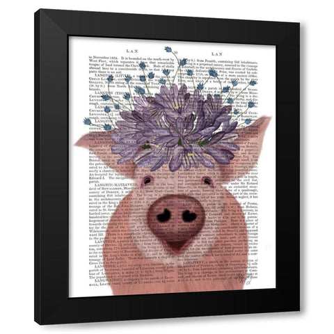 Pig and Lilac Flowers Book Print Black Modern Wood Framed Art Print by Fab Funky