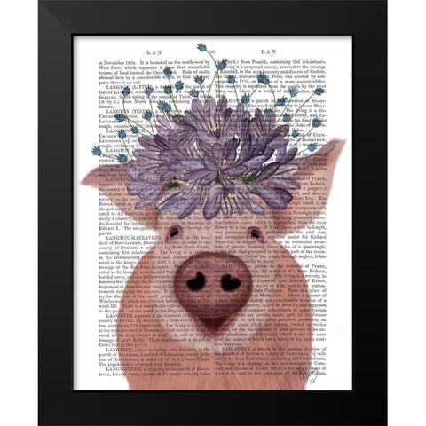 Pig and Lilac Flowers Book Print Black Modern Wood Framed Art Print by Fab Funky