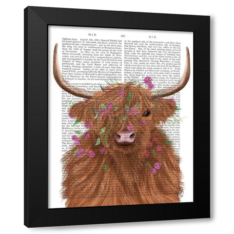 Highland Cow 1, Pink Flowers Book Print Black Modern Wood Framed Art Print with Double Matting by Fab Funky