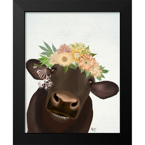 Cow with Flower Crown 1 Black Modern Wood Framed Art Print by Fab Funky