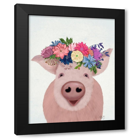 Pig and Flower Crown Black Modern Wood Framed Art Print by Fab Funky