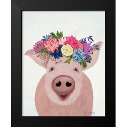 Pig and Flower Crown Black Modern Wood Framed Art Print by Fab Funky