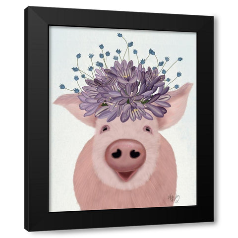 Pig and Lilac Flowers Black Modern Wood Framed Art Print with Double Matting by Fab Funky