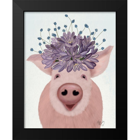 Pig and Lilac Flowers Black Modern Wood Framed Art Print by Fab Funky