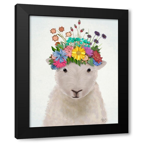 Sheep with Flower Crown 1 Black Modern Wood Framed Art Print by Fab Funky