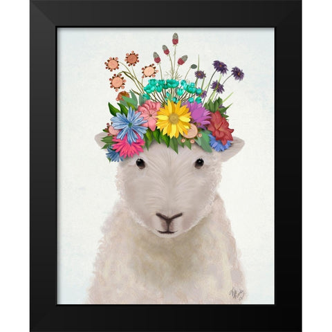 Sheep with Flower Crown 1 Black Modern Wood Framed Art Print by Fab Funky