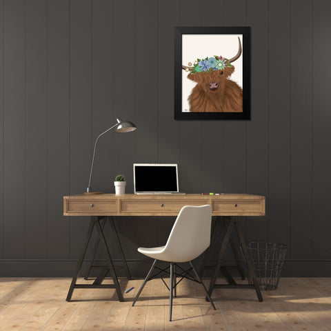 Highland Cow with Flower Crown 2, Portrait Black Modern Wood Framed Art Print by Fab Funky