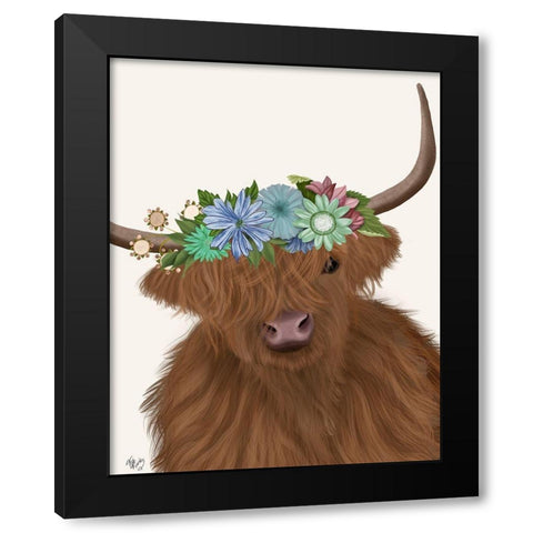 Highland Cow with Flower Crown 2, Portrait Black Modern Wood Framed Art Print by Fab Funky