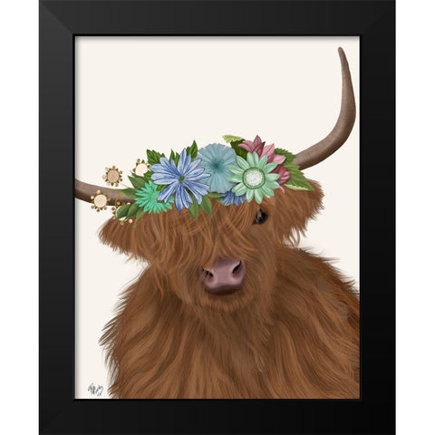 Highland Cow with Flower Crown 2, Portrait Black Modern Wood Framed Art Print by Fab Funky