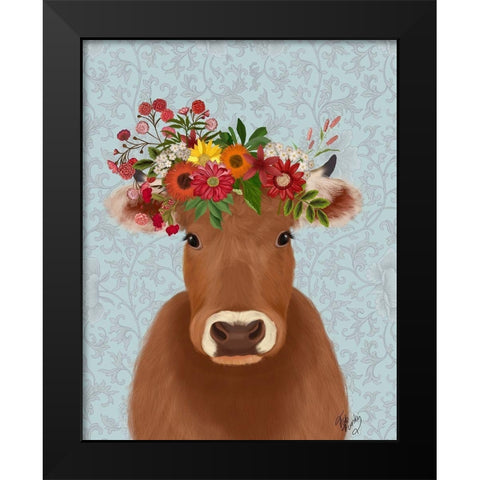 Cow Bohemian 1 Black Modern Wood Framed Art Print by Fab Funky