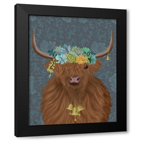 Highland Cow Bohemian 1 Black Modern Wood Framed Art Print by Fab Funky