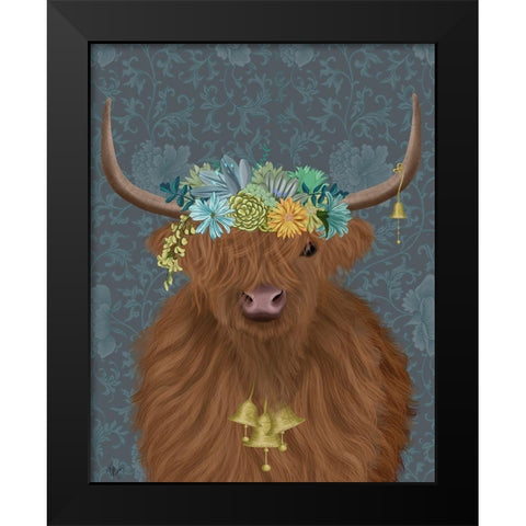 Highland Cow Bohemian 1 Black Modern Wood Framed Art Print by Fab Funky
