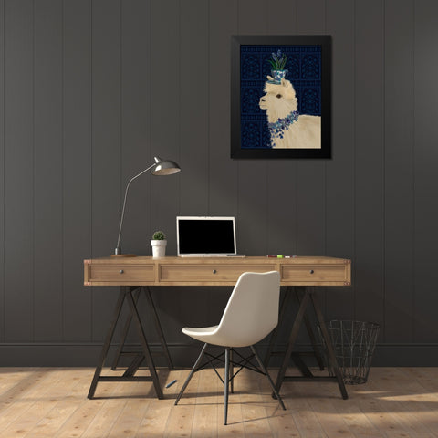 Llama Teacup and Blue Flowers Black Modern Wood Framed Art Print by Fab Funky