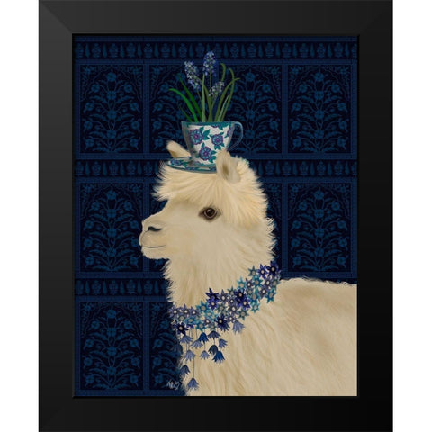 Llama Teacup and Blue Flowers Black Modern Wood Framed Art Print by Fab Funky