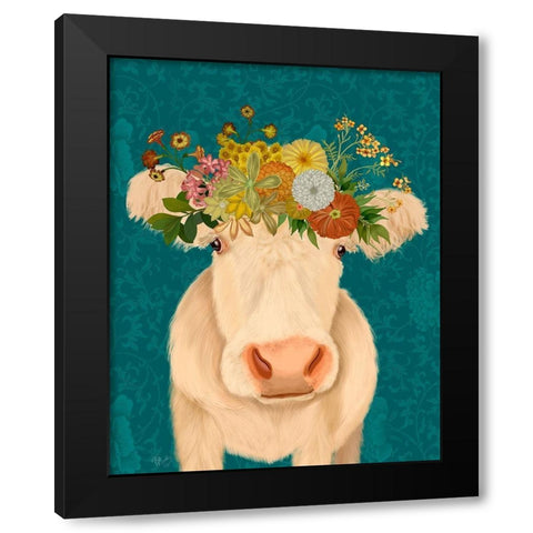Cow Cream Bohemian 1 Black Modern Wood Framed Art Print by Fab Funky