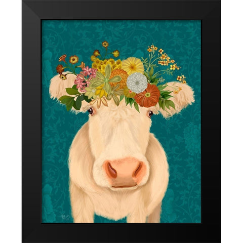 Cow Cream Bohemian 1 Black Modern Wood Framed Art Print by Fab Funky