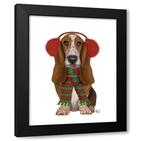 Christmas Des - Basset Hound and Ear Muffs Black Modern Wood Framed Art Print with Double Matting by Fab Funky